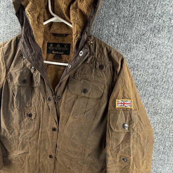 Barbour Winter Force Parka Fleece Lined USA Size 8 Waxed Jacket Women Brown - Picture 2 of 16